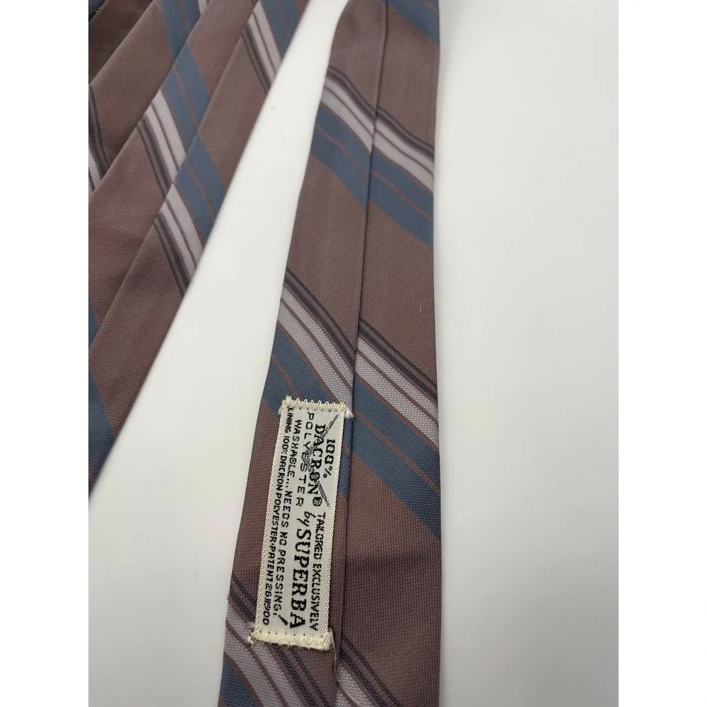 Vintage Superba Dacron Polyester Striped Necktie Brown Blue Silver Retro Mens